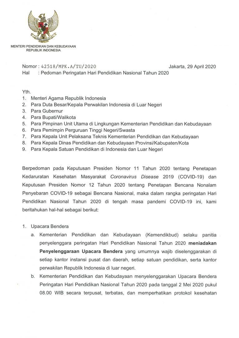 Pedoman Peringatan Hari Pendidikan Nasional Tahun 2020